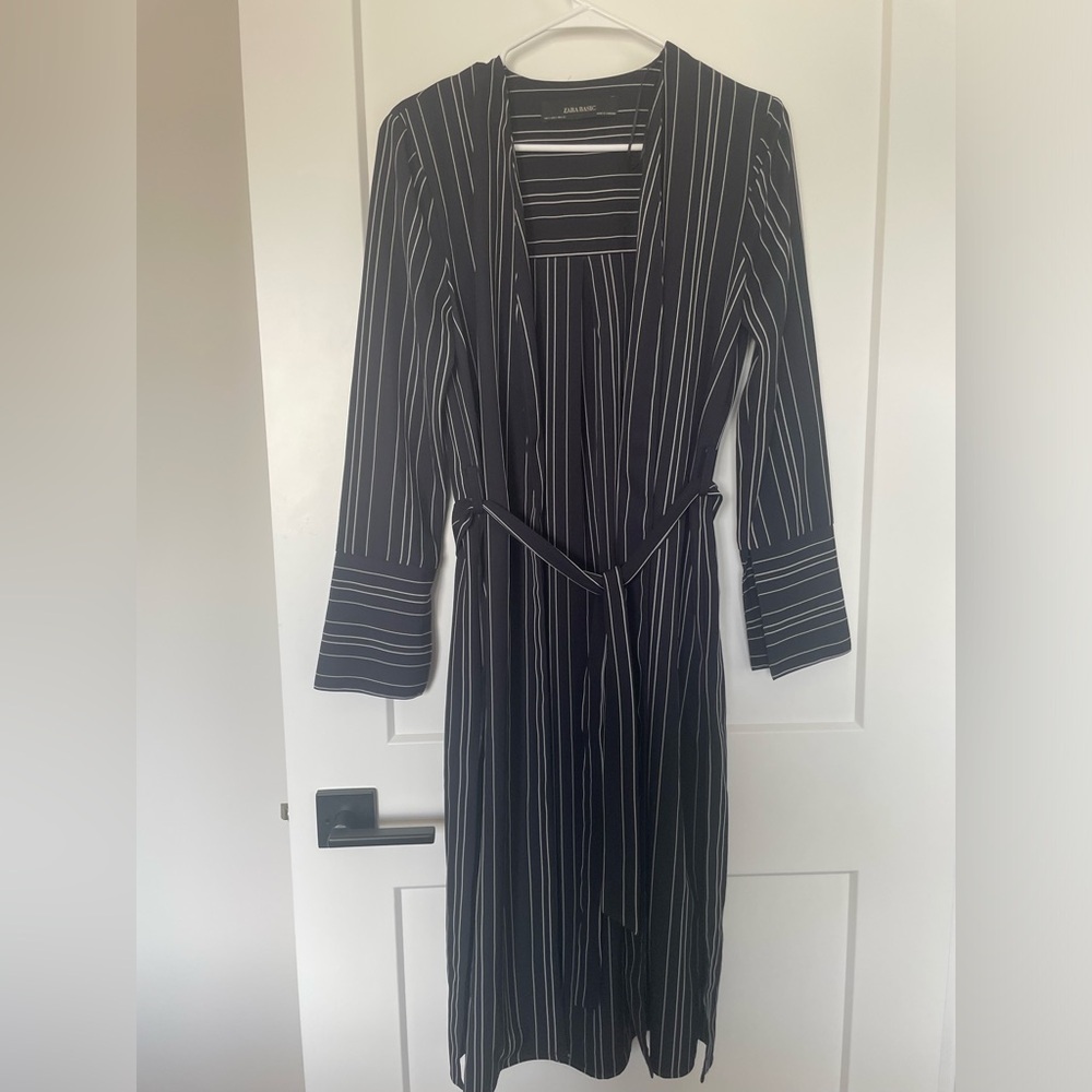 Zara Basic Striped Open Front Longline Blazer Dress | Size S
